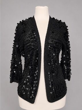 Vintage Robinson Italy Black Sequin Crochet Knit Cardigan Jacket Glam